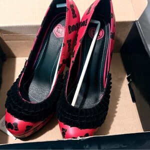 T.U.K Red Leather and Black Bow-Print Velvet Ruffle Heels